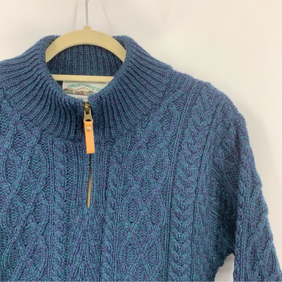Aran Crafts Men Size Large Sweater 1/4 Zip Pullover Blue Merino Wool Cable Knit - Picture 4 of 11